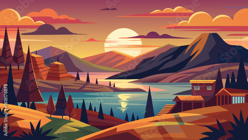 Vibrant sunset over a serene lake with mountainous landscape and cozy cabins