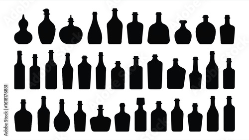 A black and white silhouette illustration of various glass bottles arranged in three horizontal rows.