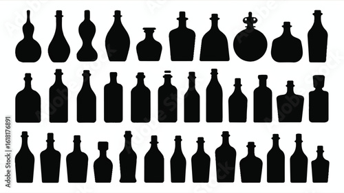 A black and white silhouette illustration of various glass bottles arranged in three horizontal rows