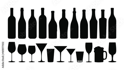 A black and white silhouette illustration of various wine bottles and drinking glasses arranged in two horizontal rows.  