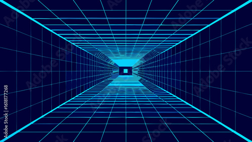 symmetrical blue light tunnel infinite grid