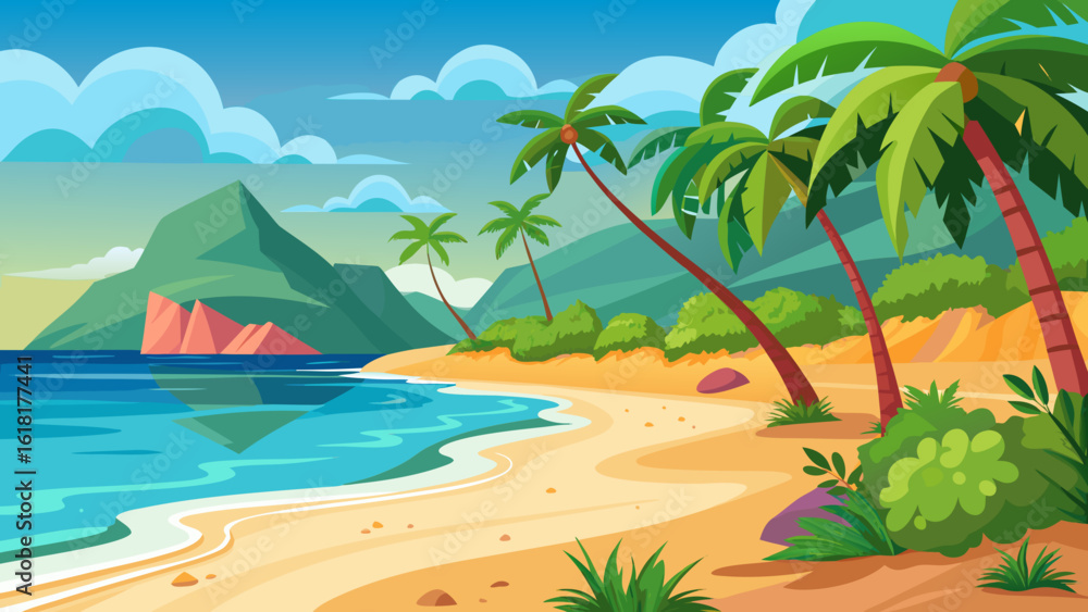 Obraz premium Vibrant tropical beach scene with palm trees and mountains