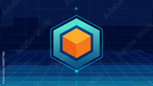 deep orange glowing hexagon dark blue matrix