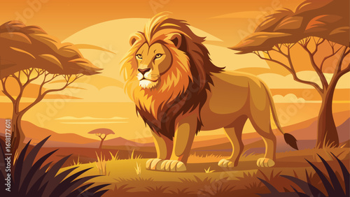 Majestic lion standing proudly in the african savannah at sunset