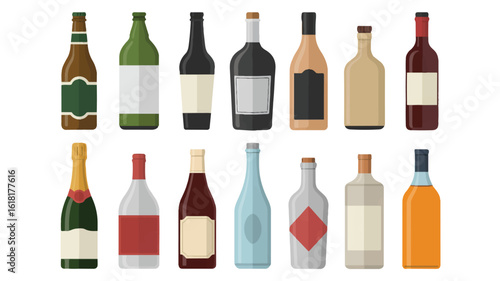 A flat, minimalist illustration of 12 different alcohol bottles arranged in two rows against a white background 