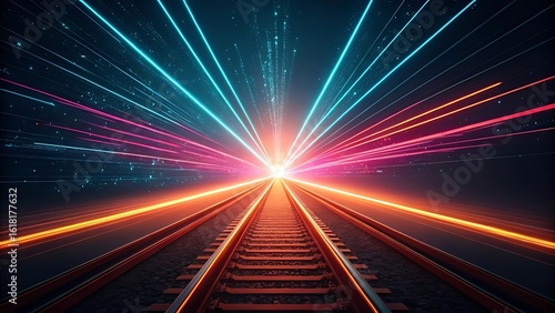 Futuristic Train Tracks with Neon Lights Leading to a Bright Horizon