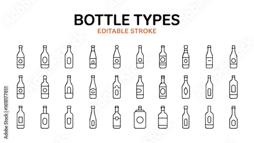 A minimalist line art illustration of various bottle types arranged in a grid layout. 