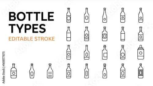 A minimalist line art illustration of various bottle types arranged in a grid layout. 