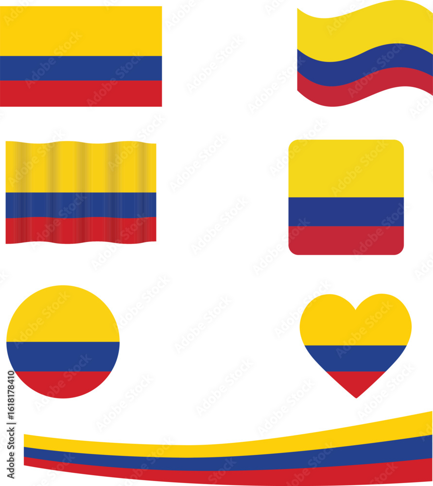 Colombia flag set of icons. Vector flag of Colombia, symbol. Set of Colombia flags circle, waved and heart. Colombia flag set of icons. Vector flag of Colombia, symbol. Set of Colombia flags circle, waved and heart.