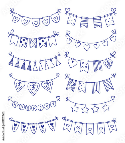 Blue decorative banners and flags with hearts and patterns star polka