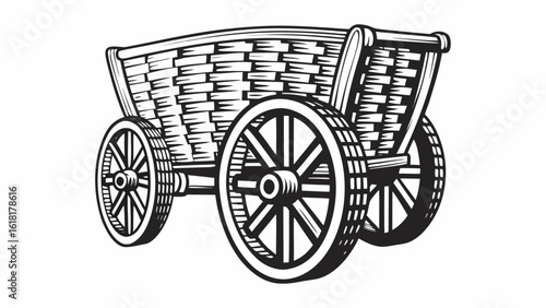 Illustration of a vintage wooden cart with woven basket and spoked wheels in black and white drawing style