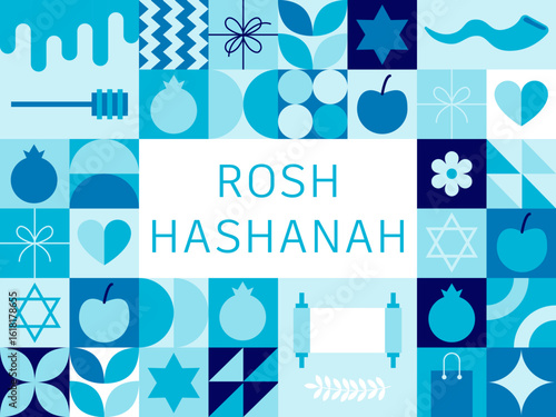 Greeting card wiyh symbols of Rosh Hashanah (pomegranate and apple). Jewish new year celebration design. Happy Shana Tova