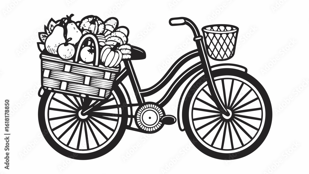 Fototapeta premium Illustration of a bicycle with a basket full of fruits and vegetables in black and white style art