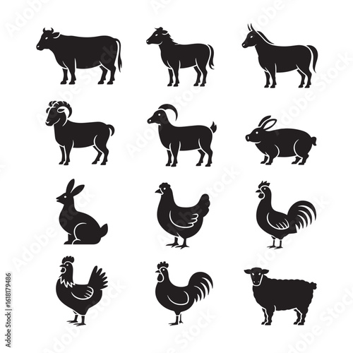 Farm Animal Silhouette Vector Collection of Livestock Animals Isolated Set Including Cow Horse Donkey Goat Rabbit Chicken Rooster and Sheep