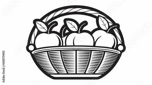 Illustration of a basket filled with three apples each adorned with a leaf in a monochrome style