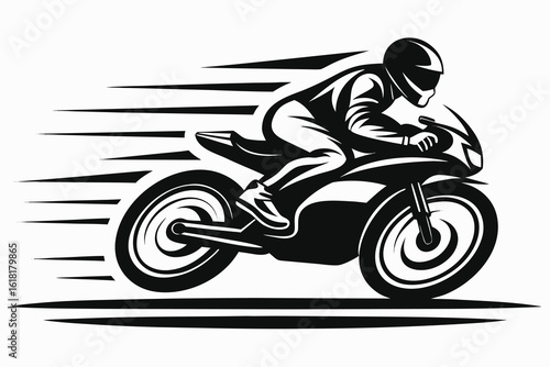 Monochrome Illustration of Motorcyclist Riding a Racing Bike Showing Speed and Motion
