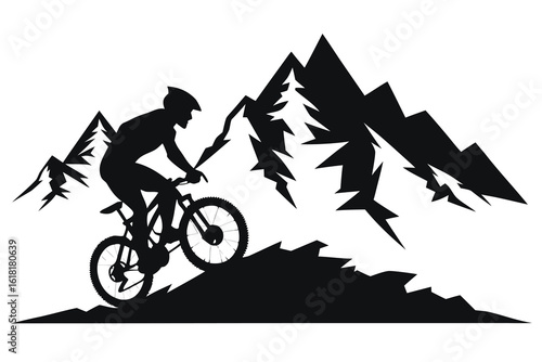 Mountain Biker Silhouette on a Hill with Jagged Peaks and Evergreen Tree
