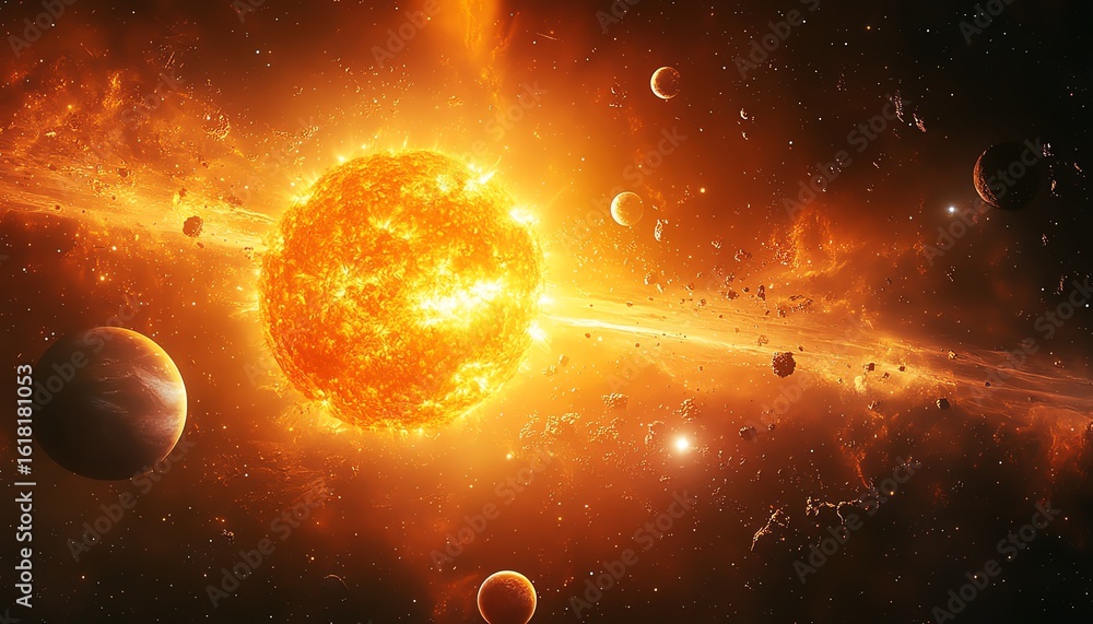 Obraz premium Fiery sun and planets in space
