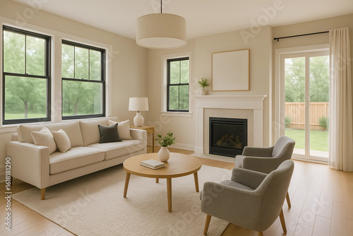 Interior Living Space Harmony  A serene living room  with a blend of modern comfort and natural light  features a cozy sofa  armchairs  and a inviting fireplace.