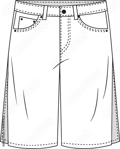 Denim Bermuda Shorts with Five Pockets | Technical Fashion Illustration | Flat Apparel Template CAD | Front View