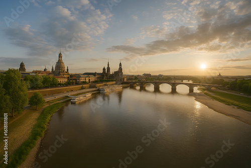 Dresden's Sunrise Symphony: Capturing the historic beauty of Dresden as the sun graces the skyline, illuminating the city's architectural marvels. Reflections dance upon the river.
