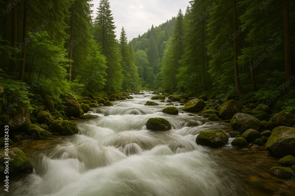 Obraz premium River's Embrace: A serene river weaves its way through a lush green forest, its waters cascading over moss-covered rocks, creating a scene of untouched beauty.