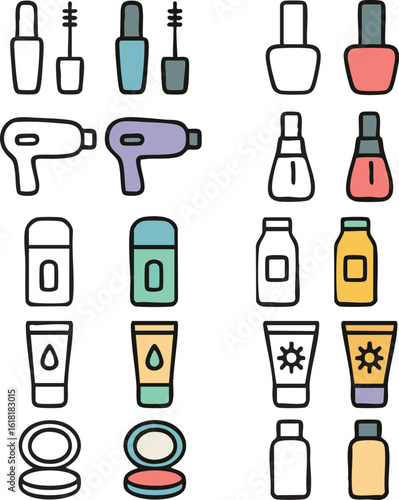 Set of colorful beauty product line icons.