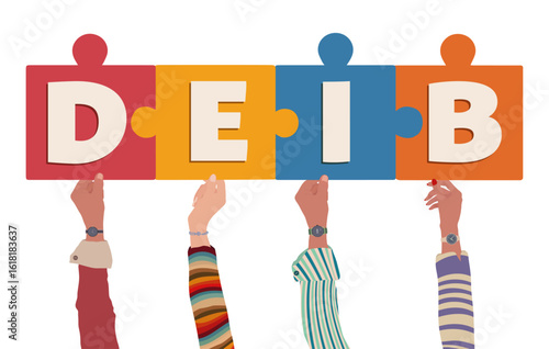 DEIB concept with diverse hands holding puzzle pieces for diversity equity inclusion belonging