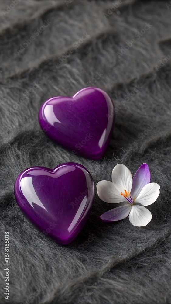 Fototapeta premium Two shiny purple heart shapes beside a delicate flower