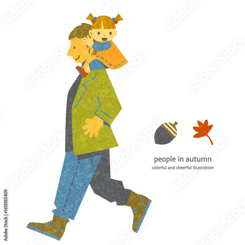 秋を楽しむお父さんと女の子　カラフルで楽しい手描き風人物イラスト
