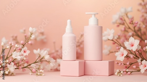 Two pink bottles mockup displayed with cherry blossoms on matching pink blocks