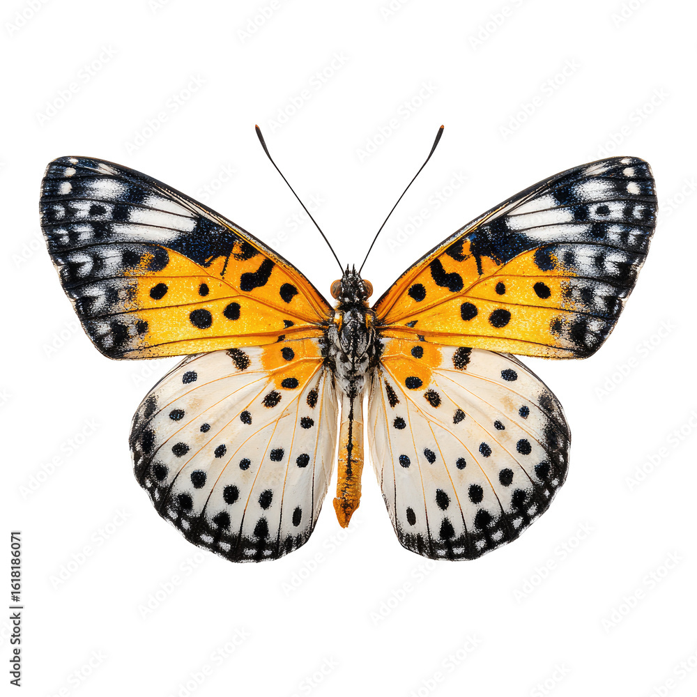 Obraz premium Close-up of a butterfly with orange and white wings, black markings, and intricate patterns