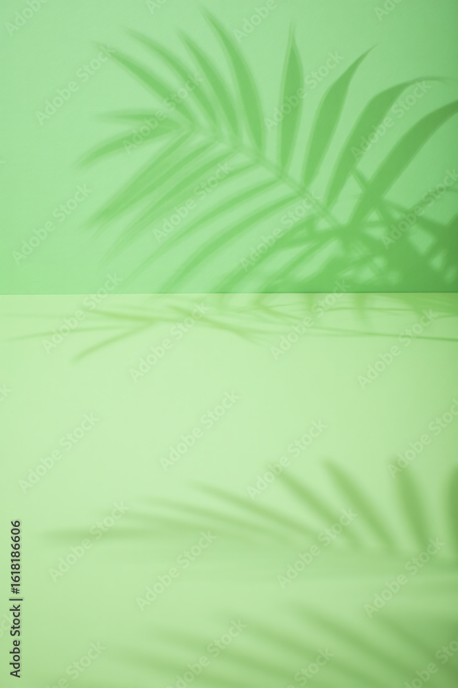 Fototapeta premium Soft green background with palm leaf shadows and reflection