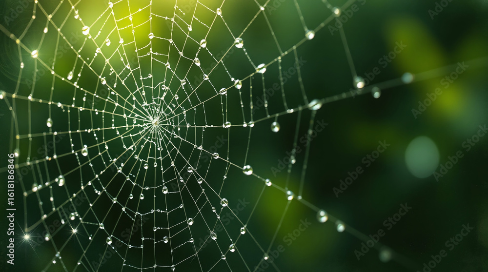 Naklejka premium Close up view of a geometric spider web shimmering with bright dew drops illuminated by gentle sun rays in a serene forest