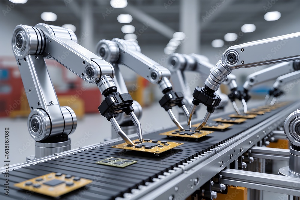 Fototapeta premium robotic arms assembling electronic components on a conveyor belt, industrial background blurred, mechanical precision, factory lighting