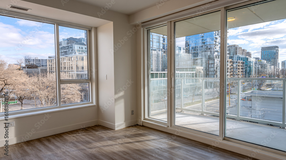 Fototapeta premium City View from Room: Bright, airy room with expansive windows and glass doors overlooking a modern cityscape, showcasing a vibrant urban environment and architectural details. 