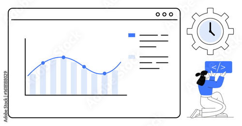 Data chart inside a browser window, programmer writing code, clock over gear. Ideal for analytics, coding, workflow, productivity, planning, project management simple landing page