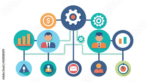 Business process automation with teamwork and data analysis connecting people,finance,strategy,and planning to achieve efficiency in flat vector design