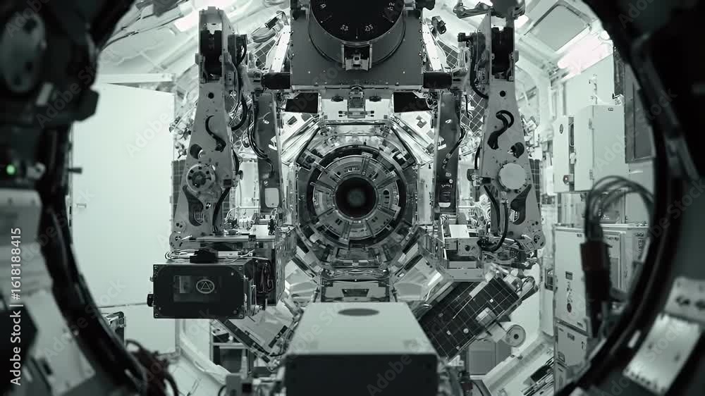 Inside Mini Satellite Docking Port Integration Zone Showcasing Advanced Space Technology and Engineering in Metallic Gray and White Hues Featuring Intricate Mechanisms for Aerospace Exploration and Inside Mini Satellite Docking Port Integration Zone Showcasing Advanced Space Technology and Engineering in Metallic Gray and White Hues Featuring Intricate Mechanisms for Aerospace Exploration and