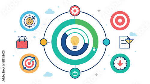 Business strategy workflow vector illustration showcasing goals ideas process time and targets aimed at success management optimization and productivity for marketing and business concepts