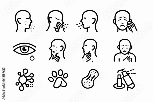 Allergy Symptoms Icons: Sneezing, Itching, Eye Irritation