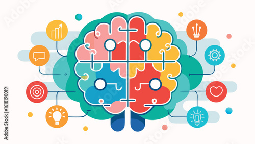 Creative brain function with business intelligence and symbol connections on a colorful background demonstrates cognitive processes and artificial intelligence as a mental power vector