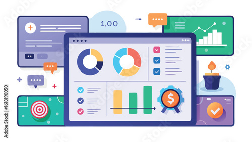 Creative finance dashboard with reports and data analysis presentation tools for business growth and company investments with tablet interface