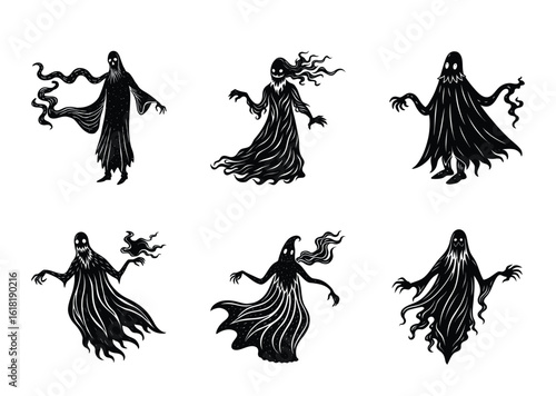 Collection of spooky black silhouette ghosts on a white background for Halloween
