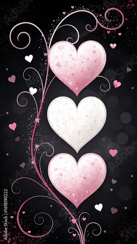 Three hearts with floral swirls on a dark background