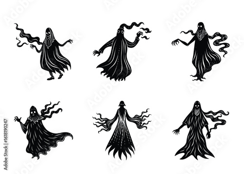 Collection of Spooky Ghosts with Eerie Silhouettes for Halloween Designs and Art