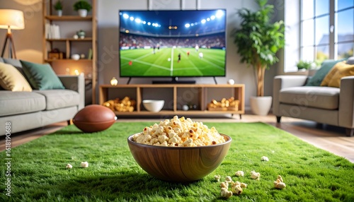 Cozy living room, football game on TV, popcorn