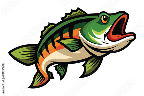 Stylized Illustration of a Green and Orange Fish with Open Mouth on White Background