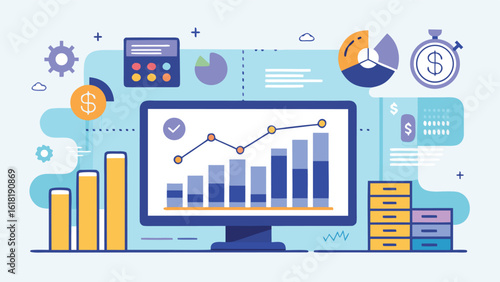 Financial data analytics and business intelligence insights on monitor with bar graph and pie charts for investment strategy decisions reporting and visualization