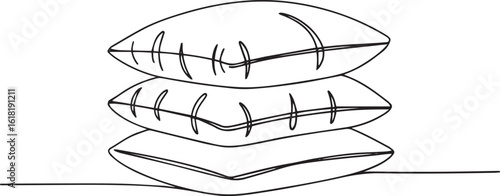 Minimalist continuous one line drawing of stacked pillows, symbolizing rest, comfort, and cozy interior design on white background

